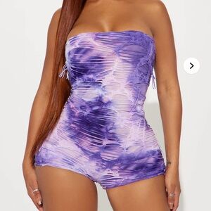 Purple Tie-Dye Distressed Strapless Romper